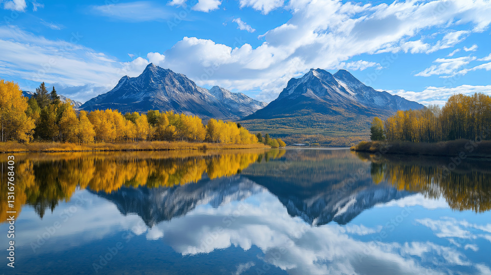 Poster a mirror-like reflection of mountain peaks in a calm lake