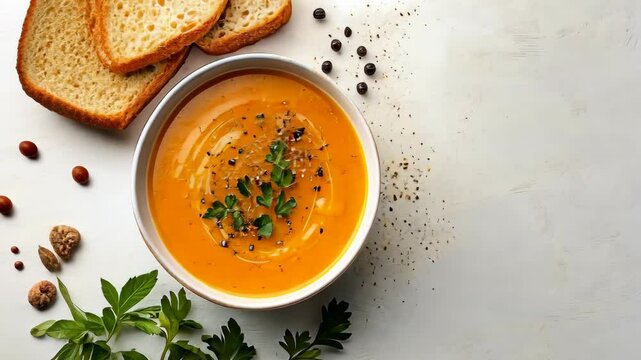 Warm bowl of creamy pumpkin soup accompanied by slices of bread and spices on a rustic table