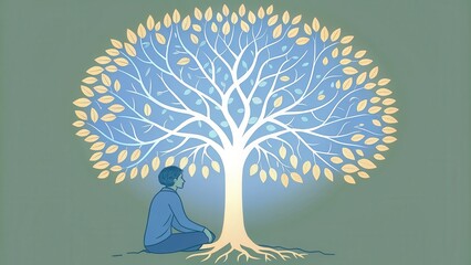 A serene illustration of a person meditating under a glowing tree, symbolizing tranquility, growth, and inner peace.