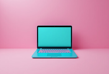 Pink and Blue Laptop on Minimalistic Pink Background