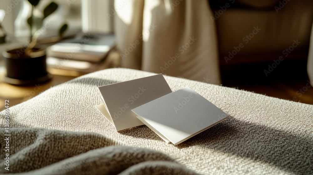 Aufkleber Two unmarked notecards lie casually on a soft blanket, illuminated by gentle sunlight streaming in. Nearby, a plant adds a touch of life to the inviting atmosphere