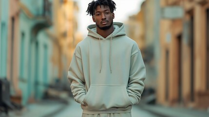 Model showcasing a long sleeve light sage outfit in a vibrant urban setting during daytime