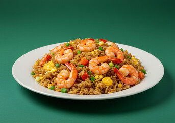 Shrimp Fried Rice on a White Plate Against a Green Background