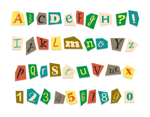 Journal cut letters and numbers set. Magazine collage vector alphabet.