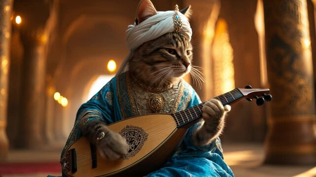 A majestic cat dressed in ornate royal attire and a turban plays a traditional lute in a grand, golden-lit palace.