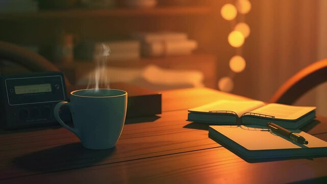 Steaming mug of coffee on a wooden desk next to books and a pen in a cozy room. Seamless looping time lapse animation video background, lo-fi art.