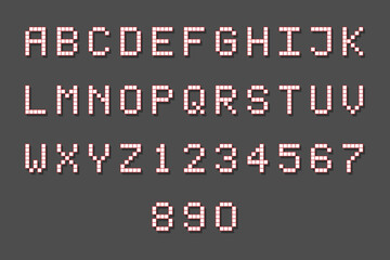 Pixel font for games. Simple retro alphabet. School grid letters and numbers set.