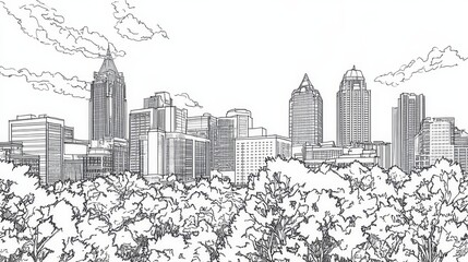 Fototapeta premium City Skyline Drawing - A detailed line drawing of a city skyline, viewed from behind a line of trees. The skyscrapers are prominent, suggesting a bustling urban environment