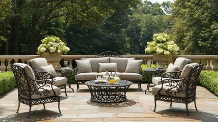 Obraz premium Elegant Outdoor Patio Furniture Set in a Serene Garden Setting