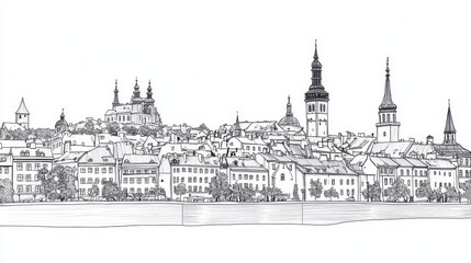 Fototapeta premium Cityscape Drawing: European Town Panorama - Detailed line drawing of a charming European town, showcasing numerous buildings, spires, and a river. Ideal for coloring, print, or