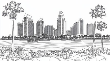 Fototapeta premium Cityscape Line Art Coloring Page - A detailed line drawing of a coastal city skyline, perfect for coloring. Palm trees and a calm ocean complete the scene