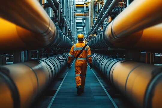 Worker Walking Between Industrial Pipes in Processing Plant