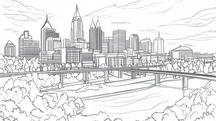 Obraz premium Cityscape Line Drawing - A detailed line drawing of a city skyline, featuring skyscrapers, bridges, and lush greenery along a river. Ideal for coloring books and