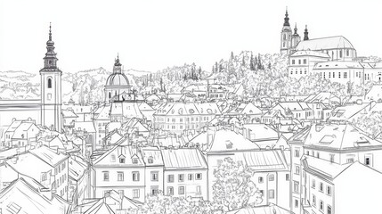 Obraz premium Cityscape Line Drawing - A detailed line drawing of a European city, showcasing its architecture and landscape. Ideal for coloring books or prints