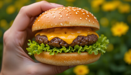 "A close-up of a delicious cheeseburger being held in a person's hand. The burger consists of a sesame seed bun, a juicy beef patty, melted cheddar cheese, and fresh green lettuce. The background is s