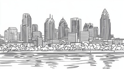 Cityscape Line Drawing - A simple line drawing of a city skyline, featuring various buildings and a waterfront scene. Perfect for coloring or printing