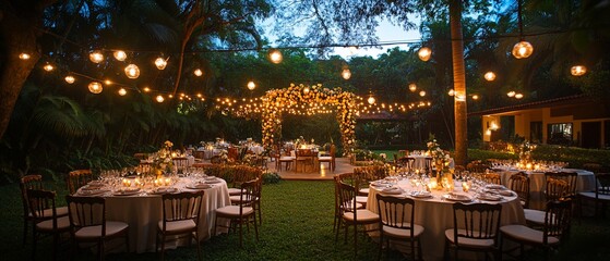 Romantic outdoor reception under string lights, featuring lush greenery, elegant tablescapes, and a charming floral arch