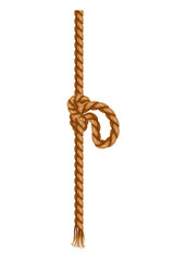 Hanging rope with tassel and node. Knitted nautical thread or marine vertical fiber. Textile tassel hang at rope isolated on white background. Vector illustration