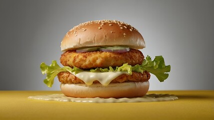 A burger with a crispy chicken patty, iceberg lettuce, cheddar cheese, and creamy ranch sauce in a soft brioche bun