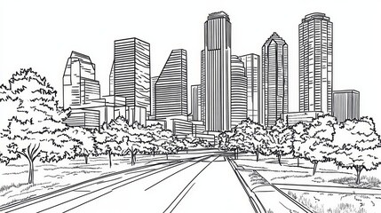 Cityscape Line Drawing - A simple line drawing of a city skyline with trees and a road leading towards the buildings. Ideal for coloring