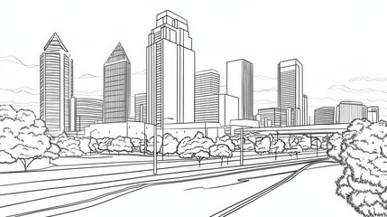 Cityscape Line Drawing - A simple line drawing of a modern city skyline, featuring tall buildings, trees, and roads. Perfect for coloring or sketching