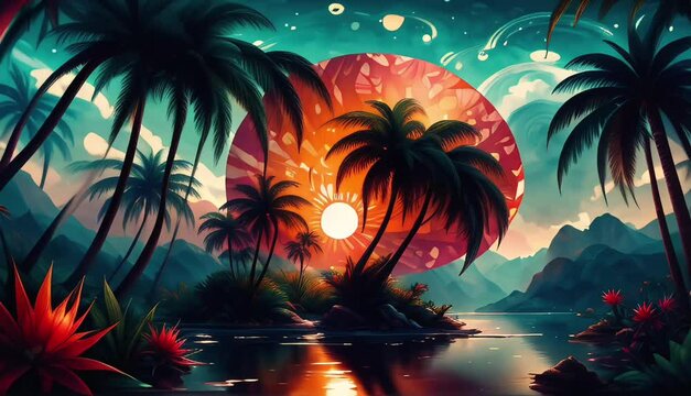 vibrant fantasy forest sunset scene with trees and flowers,seamless loopable morphing animation