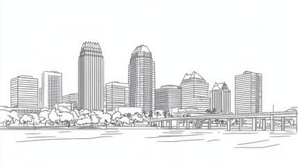 Cityscape Line Drawing - Simple line drawing of a city skyline featuring several skyscrapers, a bridge, and trees. Ideal for coloring or printing