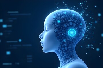 Obraz premium Digital Human Head with Glowing Brain and Data Flow