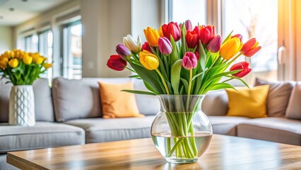 Vibrant tulips in a vase on a modern living room table, indoor blooms