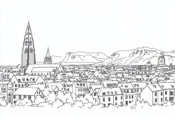 Fototapeta premium Cityscape Line Drawing Coloring Page - A detailed line drawing of a city nestled against mountains, perfect for coloring. Many buildings and a prominent church spire are featured