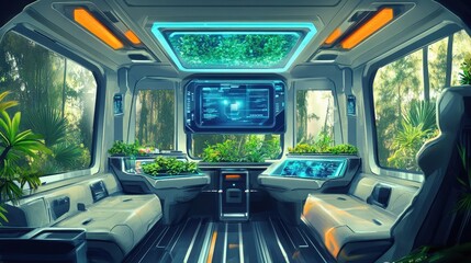 Obraz premium A futuristic vehicle interior with plants and technological interfaces