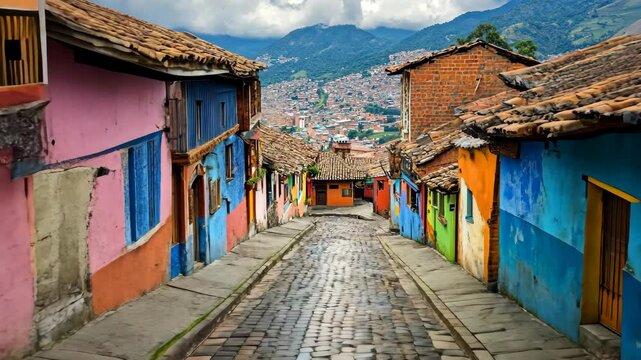 Colorful cobblestone street in a historic Peruvian town during a cloudy afternoon