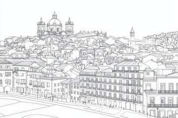 Fototapeta premium Cityscape Line Drawing Coloring Page - A detailed line drawing of a European- city, perfect for coloring. Features buildings, a church, and a cityscape
