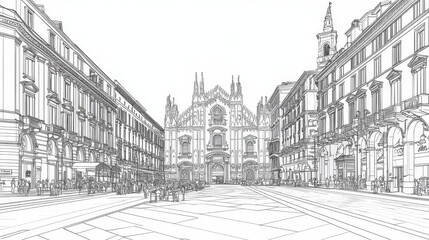 Cityscape Sketch: Architectural Line Drawing - A detailed line drawing of a city square, featuring grand buildings and a prominent cathedral. The is reminiscent of architectural blueprints
