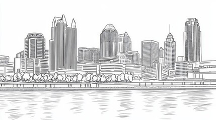Cityscape Sketch: Riverfront Metropolis - Hand-drawn sketch of a city skyline featuring various skyscrapers and trees along a waterfront, conveying a sense of urban tranquility