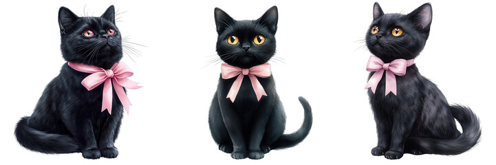 Fototapeta premium Set of a Watercolor black cat with pink ribbon bow on its neck, isolated on transparent background.