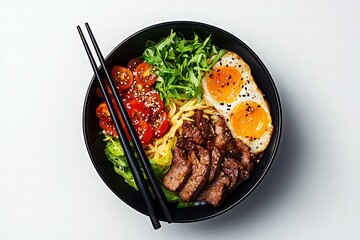 Fototapeta premium Fresh Delicious Bowl of Noodles with Steak and Fried Eggs
