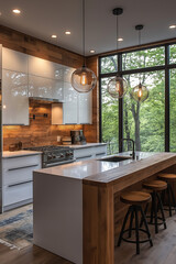 Photo cuisine contemporaine lumineuse avec armoires blanches minimalistes, bar petit-déjeuner en bois et grandes fenêtres pleine hauteur pour un design moderne