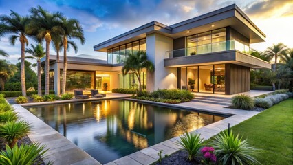 Obraz premium A modern luxury house with a sprawling landscaped garden in Florida features a serene water feature and lush tropical plants , tropical plants, modern architecture
