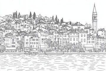 Fototapeta premium Croatian Coastal Town Line Art Coloring Page - Single line drawing of a charming Croatian coastal town, symbolizing seaside life, architecture, history, tourism, and tranquility