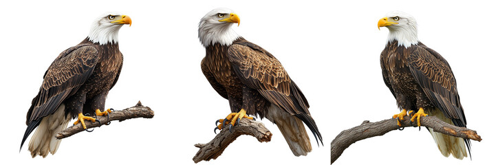 Obraz premium Set of a Bald eagle perched on a branch, isolated on transparent background.