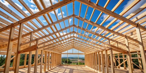 Obraz premium A wooden skeleton frame of a building's roof structure exposed , wooden skeleton, building foundation