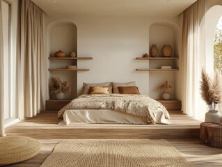 Delight in the tactile elegance of a beige area rug, showcasing textured patterns and organic lines, gracefully draped over warm wooden flooring—edges gently framing its inviting embrace