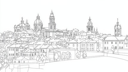 Obraz premium European Cityscape Line Drawing - A detailed line drawing of a charming European city, showcasing its architecture and cityscape. Ideal for coloring books or prints