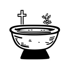Unique vector illustration of a baptismal font with a cross and greenery for spiritual celebrations