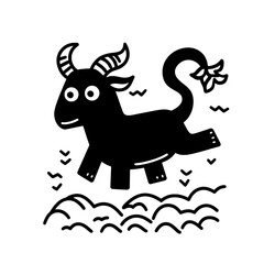 Playful black goat leaps joyfully over the waves in a whimsical landscape under a bright sky