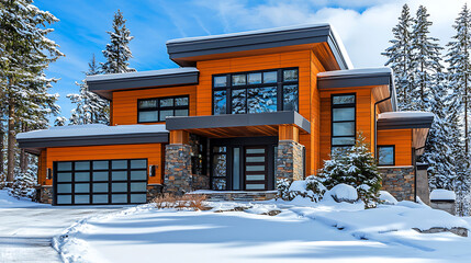 Modern orange house with dark trim surrounded by snowy ground and winter trees under a blue sky.