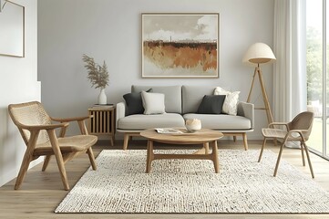 Neutral living room featuring a grey sofa wooden furniture abstract artwork and a textured white rug.