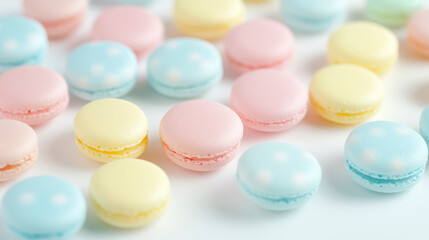 Obraz premium Detailed close-up of colorful macarons on white background, showcasing textures and colors.