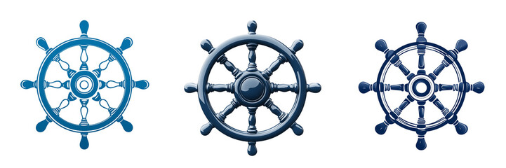 Fototapeta premium Set of a ship's wheel in blue color, isolated on transparent background.